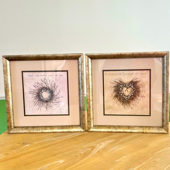Other - Set of 2 framed wreath print wall decor - gold tone frames - farmhouse country